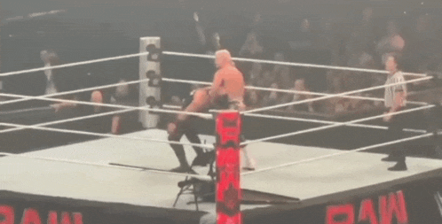 a referee stands in the middle of a wrestling ring that says raw on it