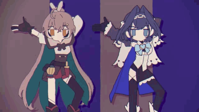 two anime characters are standing next to each other on a purple background