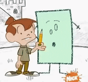 a cartoon boy is holding a pencil in front of a drawing of a square with a face on it .