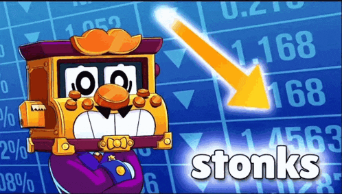 a cartoon character with a mustache is standing in front of a stock chart with an arrow pointing down .