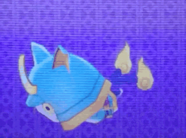 a blue animal with horns is on a purple background .