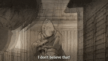 a black and white drawing of a cat with the words i don t believe that