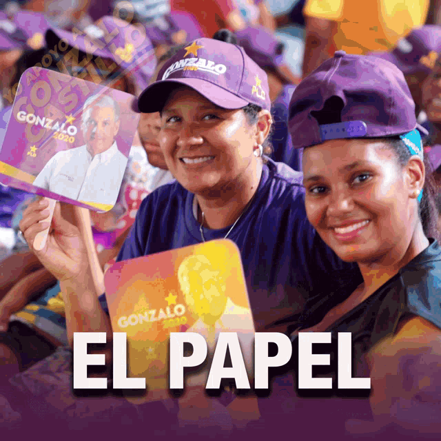 a group of people wearing purple hats with gonzalo on the front