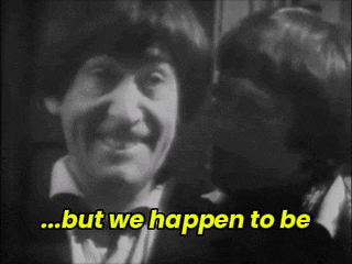 a black and white photo of two people with the words but we happen to be in yellow letters
