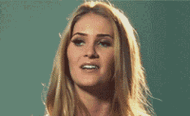 a close up of a woman 's face with long blonde hair .