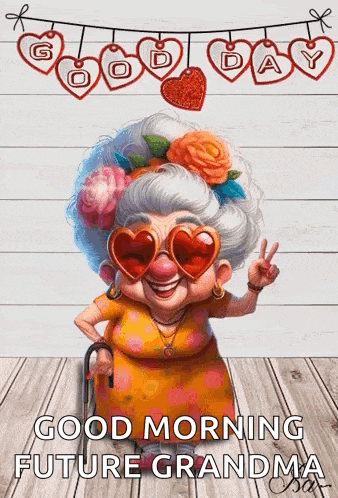 a cartoon of an elderly woman wearing heart shaped sunglasses and a cane .