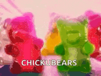 a bunch of gummy bears are standing next to each other with the words chickubears written on the bottom