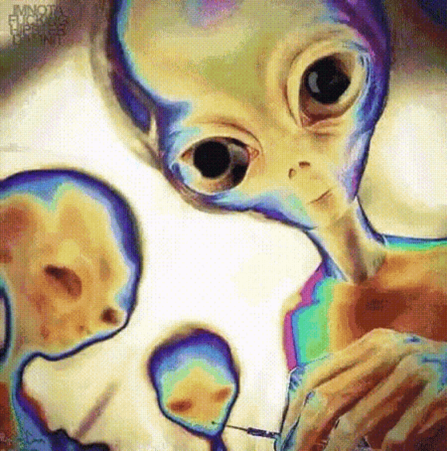 a painting of an alien smoking a cigarette