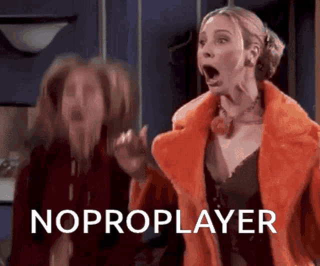 a woman in a fur coat is screaming with the word noproplayer behind her