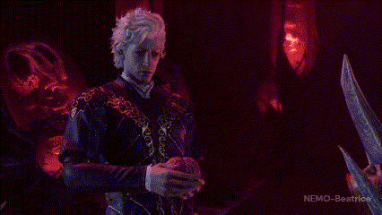 a man with white hair is standing in a dark room holding a sword in his hands .