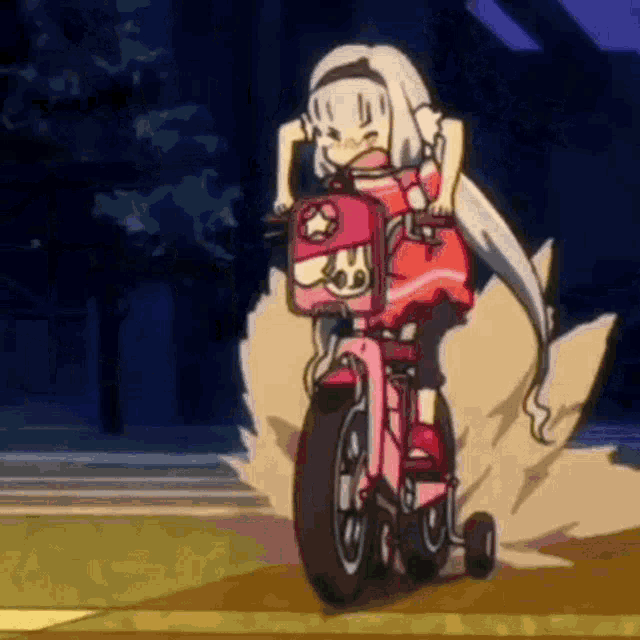 a girl in a red dress is riding a pink bicycle with wheels .