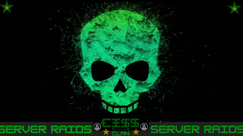 a green skull on a black background with the words server raids