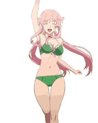 a girl in a green bikini is dancing with her arm in the air