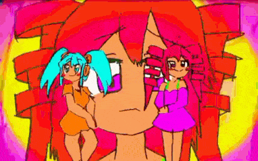 a cartoon drawing of a girl with red hair and two other girls