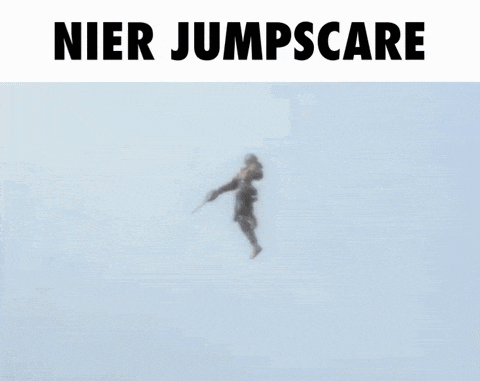 a poster for nier jumpscare shows a man in armor holding a sword