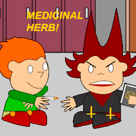a cartoon of a boy giving a cigarette to another boy with the words " medicinal herb " on the bottom