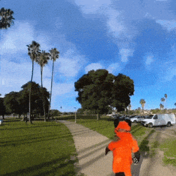 a person in a fox costume is running down a path