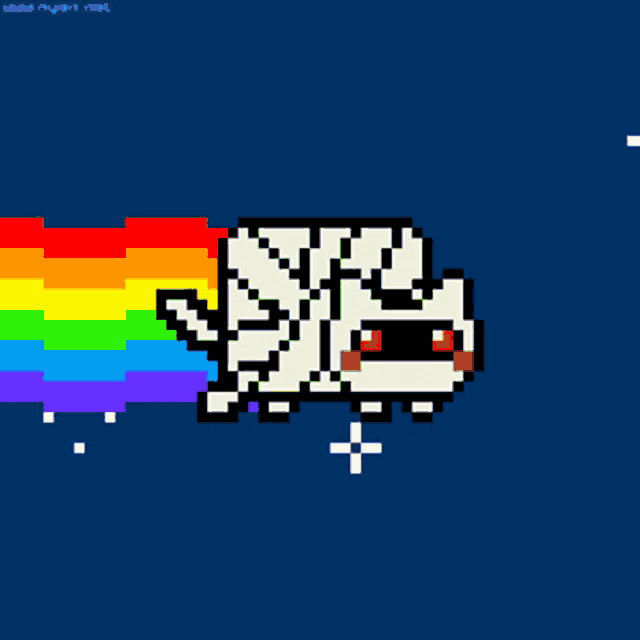 a pixel art drawing of a mummy cat with a rainbow coming out of its mouth