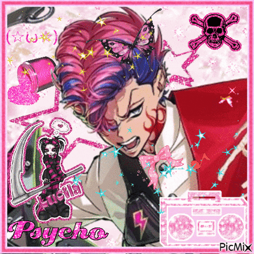 a picture of a man with pink hair and a butterfly on his head with the word psycho on the bottom