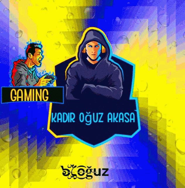 a logo for kadir oğuz akasa shows a man in a hoodie playing a video game
