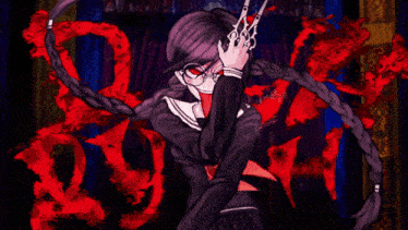 a girl in a school uniform is holding a pair of scissors