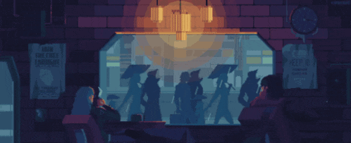 a pixel art of people walking in the rain with a sign that says " join the free thought "