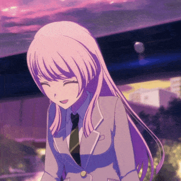 a girl with pink hair is wearing a gray suit and tie