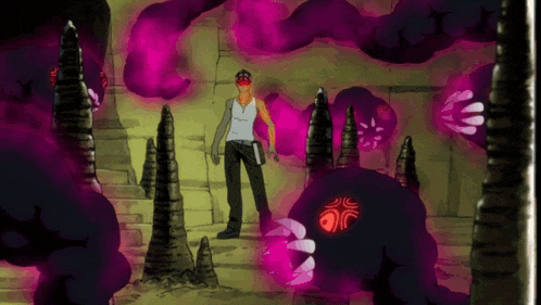 a cartoon of a man standing in front of a monster with a red eye