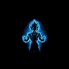 a silhouette of goku from dragon ball z is surrounded by blue energy
