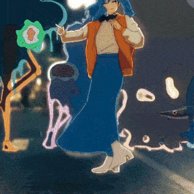 a cartoon drawing of a woman with blue hair
