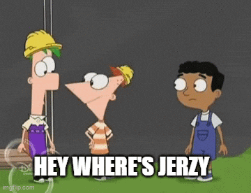 a group of cartoon characters standing next to each other with the words `` hey where 's jerzy '' written on the screen .