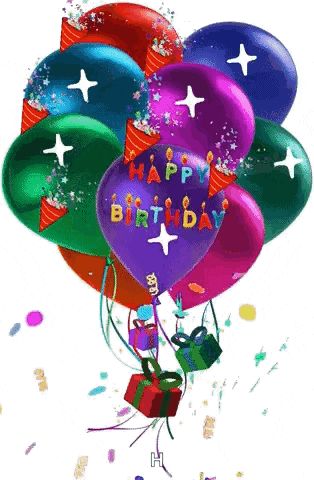 a bunch of colorful balloons with the words happy birthday written on them .