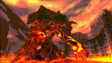 a computer generated image of a monster in the middle of a burning city