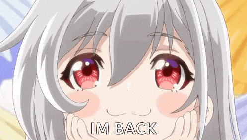 a close up of a girl 's face with the words `` i 'm back '' written on the bottom .