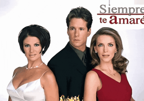 a man and two women are standing next to each other with siempre te amare written on the bottom