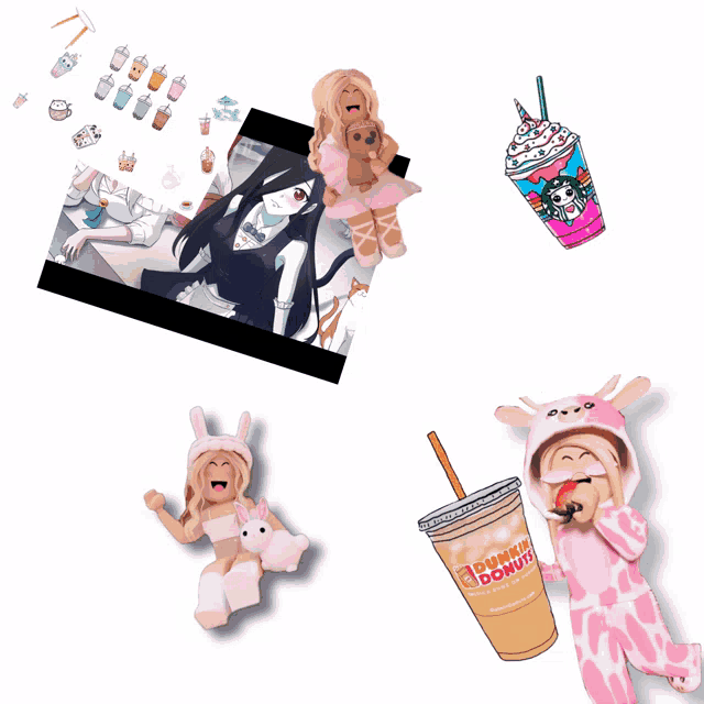 a dunkin donuts drink with a straw and a girl in a cow pajama