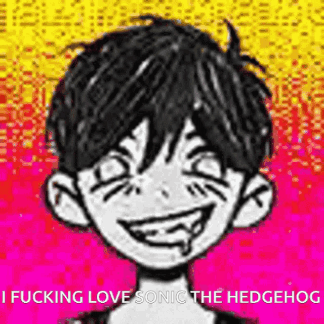 a black and white drawing of a boy with a smiley face and the words `` i fucking love sonic the hedgehog ''