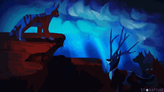 a painting of a cat and a wolf with the word starrapture at the bottom