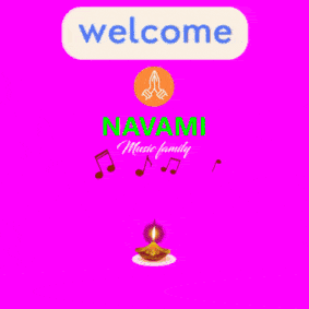 a welcome sign for navami music family with a candle and music notes