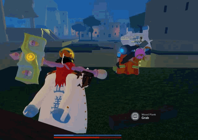 a screenshot of a video game with a wood plank grab button on the bottom right