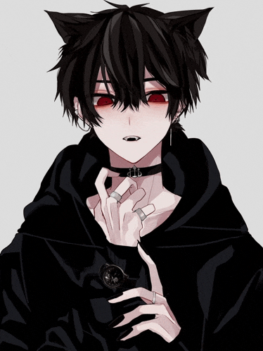 a black haired anime character with red eyes and a choker around his neck