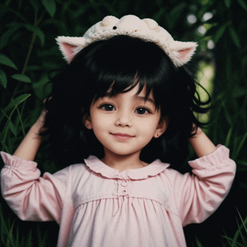 a little girl wearing a pink dress and a white headband with cat ears