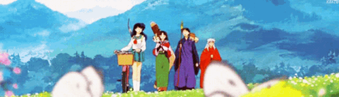 a group of anime characters standing next to each other in a field .