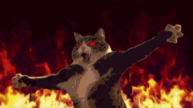 a cat with red eyes is in front of a fire