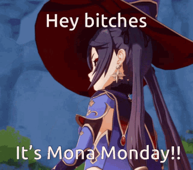 a picture of a girl in a witch hat that says hey bitches it 's mona monday !!