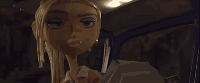 a cartoon character with a piercing in her lip is sitting in a car