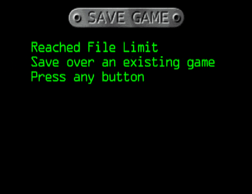 a black screen with the words save game reached file limit save over an existing game press any button