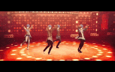 four anime characters are dancing on a stage