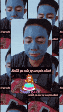 a man with a blue mask on his face is holding a cake