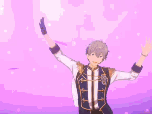 a man in a military uniform is waving his hands in the air .